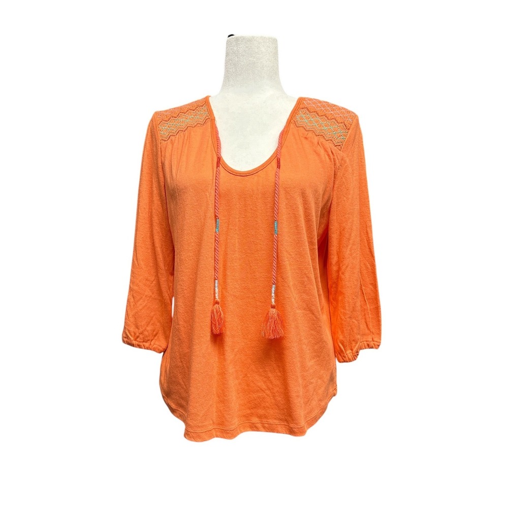 Tribal Coral Embroidered Tassel Knit Top 3/4‎ Sleeve Boho Women's Medium NWT